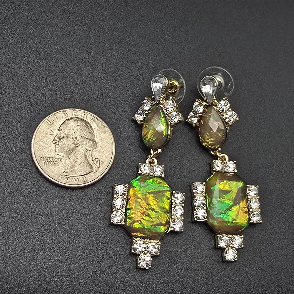 Green Iridescent Rhinestone Earrings Dangle Drop Glam